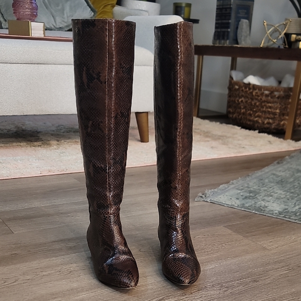 Brown Leather Snakeskin Embossed Knee-High Boots - Picture 4 of 16